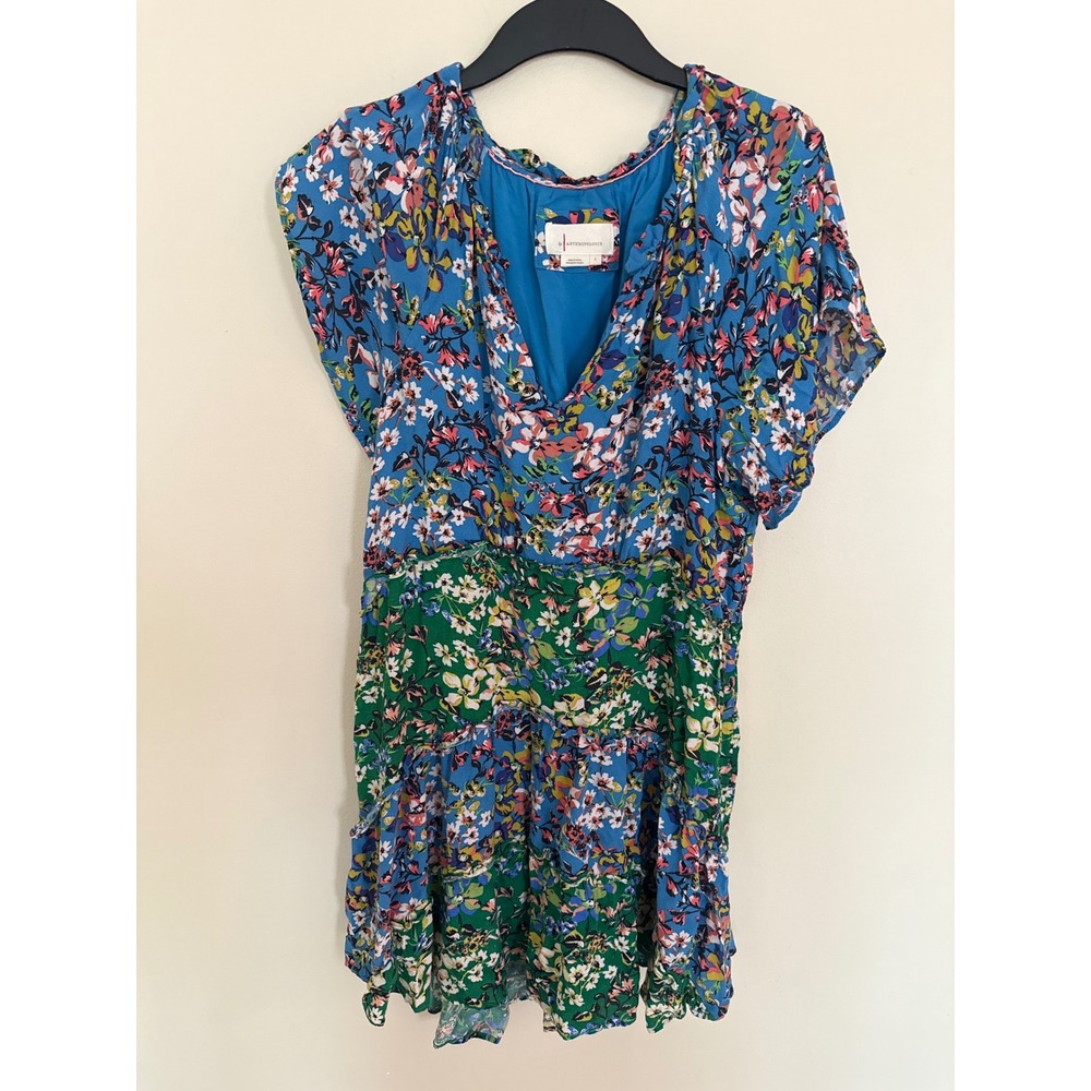 Anthropologie Floral V-Neck Tiered Mini Dress Blue Green Mixed Print Large